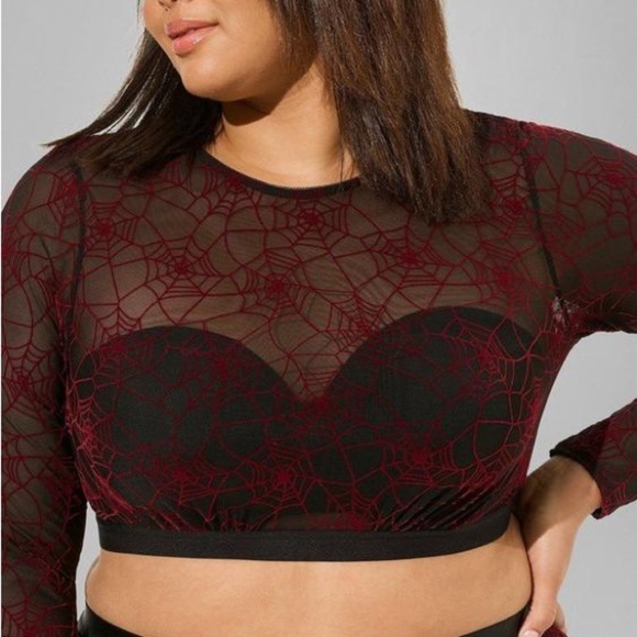 Torrid Flocked Mesh Long Sleeve Top Spider Webs Halloween Cropped Spooky - Picture 7 of 7